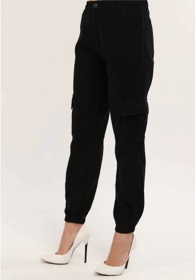 Kene Jeans Paça Lastik Kargo Cep Keten Mom Pantolon Siyah
