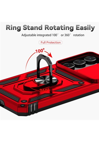 Samsung Galaxy S26 İle Uyumlu Kılıf Magnetik Standlı Kamera Korumalı Sürgülü Kapak Kırmızı