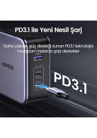 Ugreen Nexode 140W USB Type-C QC 4.0 PD 3.1 GaN 3 Portlu Hızlı Şarj Cihazı