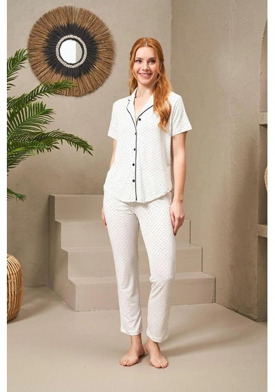 Pjs 25118 Kadın Puanlı Düğmeli Kısa Kollu Pijama Takım 001