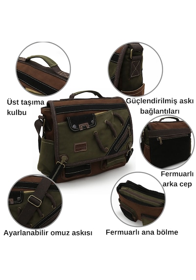 Cappadocia Vintage 4017 Haki Kahve 14" Laptop Pamuk Gabardin Postacı Okul Çantası Unisex Kilitli Çok Cepli Omuz Askılı Haki - Kahverengi
