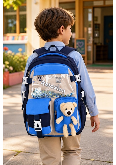 Mavi Lacivert Ayıcıklı Maskotlu Lüks Okul Sırt Çantası Geniş Ergonomik Çocuk 40x30x15 Cm Çok Renkli