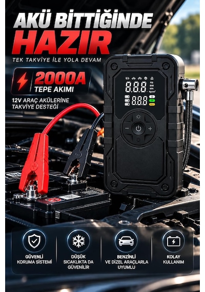 Tr Akü Takviye Cihazı 20000 Mah 2000a Tepe Akımlı, 150 Psı Dijital Hava Kompresörlü Powerbank, Led Işıklı 4'ü
