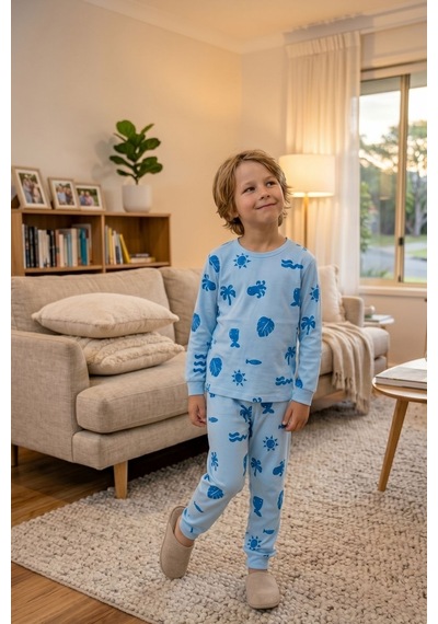 Zuzunga Deniz Temalı Mavi Renk %100 Pamuk Erkek Çocuk Pijama Takımı Bebe Mavi