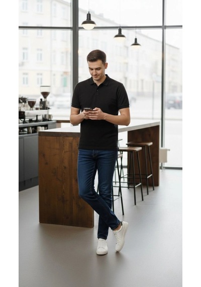 Erkek Pike Kumaş Düğmeli Yaka Regular Fit Günlük Kısa Kol Tişört T-shirt - Siyah Çok Renkli