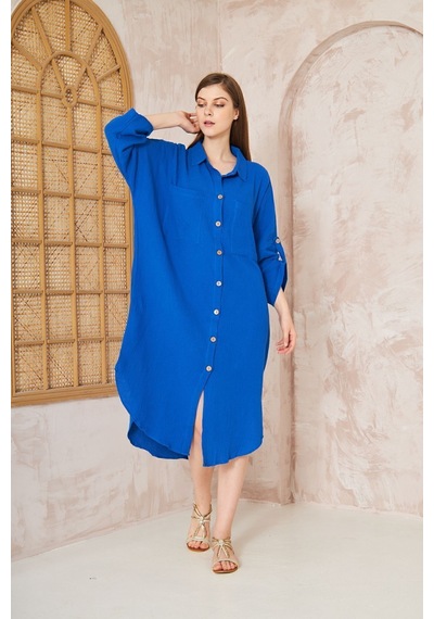 Yıldızistan Kadın Saks Müslin Extra Geniş Oversize Yarasa Kol Cepli Uzun Kollu Yazlık Gömlek Elbise 3440495 Saks Mavi Yıldızistan Kadın Saks Müslin Extra Geniş Oversize Yarasa Kol Cepli Uzun Kollu Yazlık Gömlek Elbise 3440495 Saks Mavi