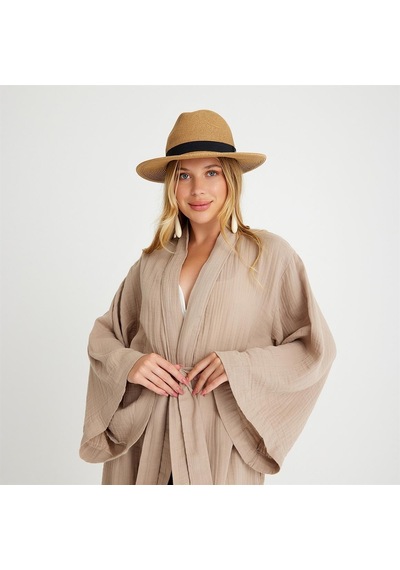 Miespiga Pamuklu Dokuma Beli Kuşaklı Maxi Kadın Kimono Kaftan - Small Medium Bej