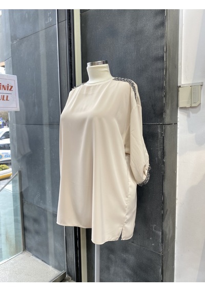 Pera Moda Büyük Beden Yakası Ve Kol Manşeti Taşlı Oversize Uzun Gömlek Taş