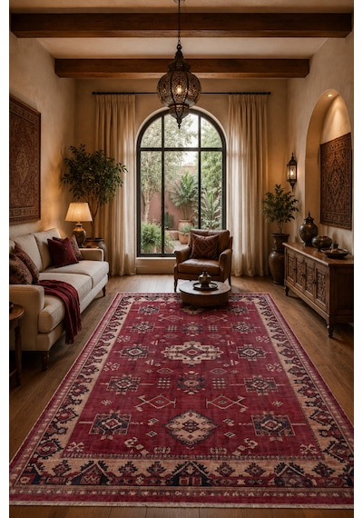 Salon Halısı Bordo Türkmen Desenli Kaymaz Taban Th-3029 Bordo - Lacivert - Krem