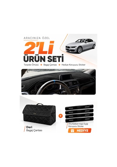 Bmw F30 2010-2018 Uyumlu Torpido Örtüsü + Deri Bagaj Çantası + Sticker Seti - Siyah