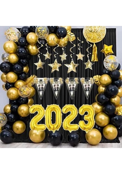 Gold Siyah Balon Zincir Seti Mezuniyet Süsleri Balon Seti Folyo B Çok Renkli