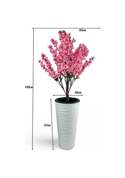 Yapay Ağaç Pembe Bahardalı Ağacı Beyaz Kumsal Vazoda 130cm Japon Kiraz Çiçeği