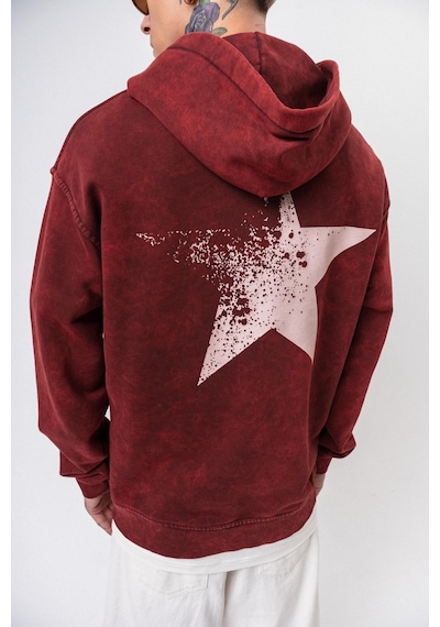 Respire Erkek Star Baskılı Yıkamalı Kapüşonlu Oversize Hoodie Bordo