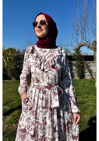 Rabia Şamlı Botanik Elbise Bordo Normal