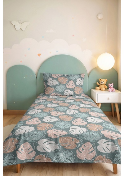 Tropikal Yaprak Yeşil Genç Odası Tek Kişilik Pike Takımı - Modern Pudra 160x220 Cm Yatak Örtüsü Gölge Avlu Tonu