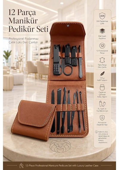 Tr 12 Parça Paslanmaz Çelik Manikür Pedikür Seti, Tırnak Makası, Törpü, Cımbız, Kütikül Aleti, Siyah Mat, 11