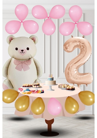 2 Yaş Retro Folyo Krem Ayıcık Pembe Gold Balon Rose Gold Rakam Doğum Günü Süsleme KREM