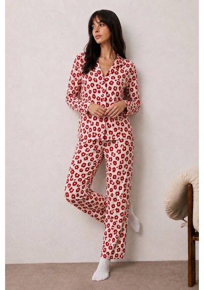 Fit Women Kadın Uzun Kollu Düğmeli Alt Üst Uyku Kırmızı Pijama Takımı