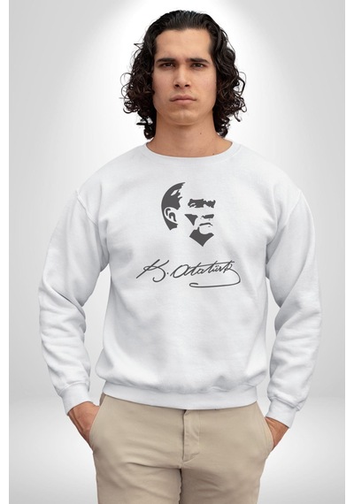 Kemal Atatürk İmza Ve Silüet Kadın Erkek Beyaz Baskılı Sweatshirt Beyaz