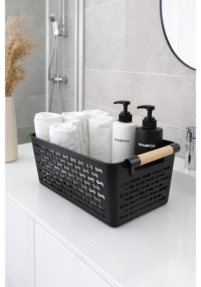 İndecor Houseware 2 Adet Çok Amaçlı Plastik Tutacaklı Organizer Sepet Dolap İçi Çekmece Düzenleyici - Siyah