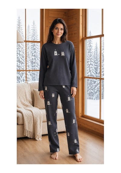 Pemilo Kadın 8811-7 Berlin Uzun Kol Sıfır Yaka Pijama Takım Füme