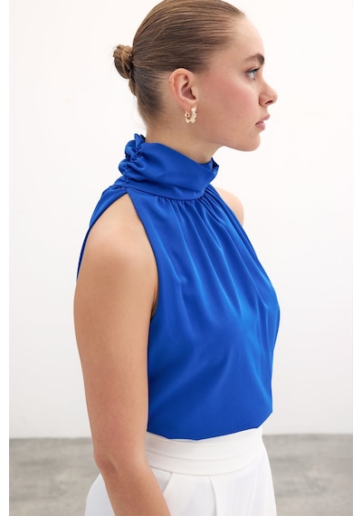 Sateen Kolsuz Salaş Bluz - Sax Mavi-131489 Sax Mavi