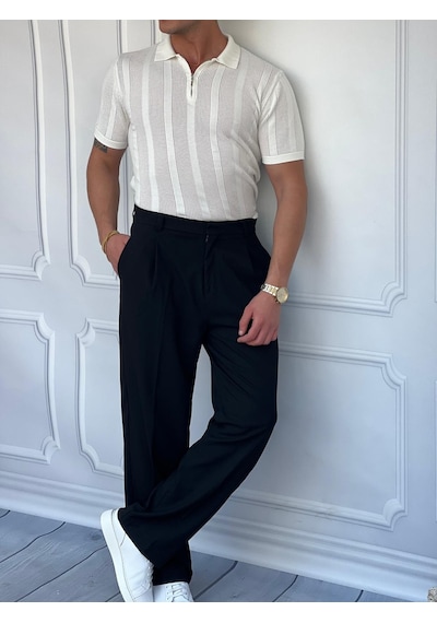 Modefendi Polo Yaka Fermuar Detaylı Örme Tshirt Beyaz