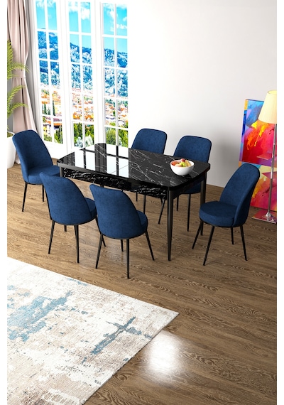 Canisa Zen Serisi 80x132 Mdf Açılabilir Siyah Mermer Desen Masa Takımı Ve 6 Lacivert Sandalye Masa Siyah Mermer Desen Sandalye Lacivert Canisa Zen Serisi 80x132 Mdf Açılabilir Siyah Mermer Desen Masa Takımı Ve 6 Lacivert Sandalye Masa Siyah Mermer Desen Sandalye Lacivert