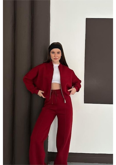 Neşeli Butik Kadın Fermuarlı 3 İplik Eşofman Takımı Nbesf01 Bordo