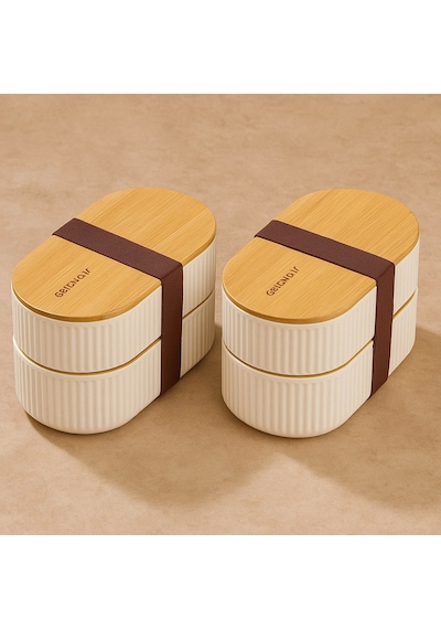 2'li 1000ml Ahşap Kapaklı Lunch Box Set Bambu Diyet Yemek Kabı Saklama Kutusu Öğle Yemeği Kutusu Çok Renkli