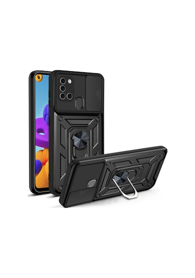Fibaks Galaxy A21s Uyumlu Kılıf Kamera Korumalı Sürgülü Yüzüklü Armor Military Tank Zırh