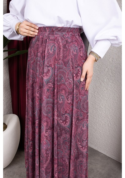 Hira Life Fashion Asimetrik Kesim Etnik Desen Astarlı Tül Tesettür Etek Bordo Bordo