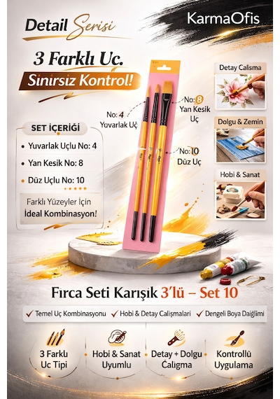 3 Lü Karışık Boya Fırça Seti Set 10 Yuvarlak, Yan Kesik Ve Düz Uçlu Profesyonel Hobi Fırçası