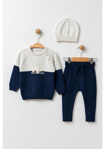 Babyhola Çocuk Teddy Bear Detay Kazak Pantolon Bere Triko Kışlık Takım 22113 Lacivert