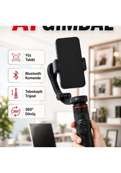 Aı Yüz Takipli Gimbal Selfie Stick Bluetooth Kumandalı Teleskopik Tripod