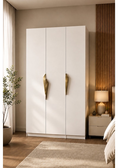 Gama 3 Kapaklı Çekmeceli+ Raflı Tasarım Kulplu 253 Cm Gardırop Elbise Dolabı Beyaz