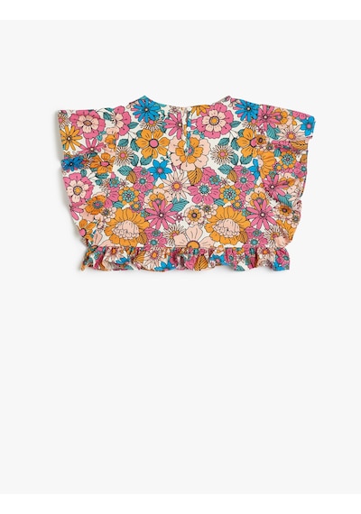 Koton Crop Bluz Kolsuz Fırfırlı Çiçek Desenli Pamuklu Ekru Desenli 4skg60194aw Ekru Desenli Ekru