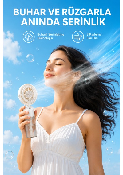 Taşınabilir Şarjlı Su Püskürtmeli 3 Kademeli Mini El Fanı Bej