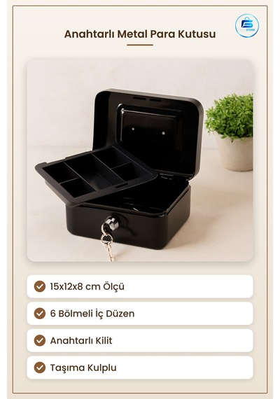Kasa Anahtarlı Metal Para Kutusu 15x12x8 Cm 6 Bölmeli Taşıma Kulp