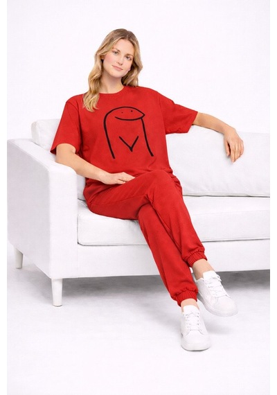 Sevgili Kombini Çift Tişört Oversize Unisex Matching Couple Minim Kırmızı