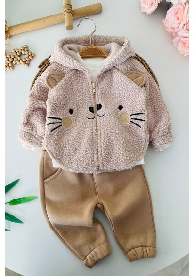 Minigimin Cicileri Kedi Figürlü Peluş Ceketli, Baskılı Tişörtlü Ve Fırfır Paçalı Kız Bebek 3 Lü Takım - Bej Minigimin Cicileri Kedi Figürlü Peluş Ceketli, Baskılı Tişörtlü Ve Fırfır Paçalı Kız Bebek 3 Lü Takım - Bej