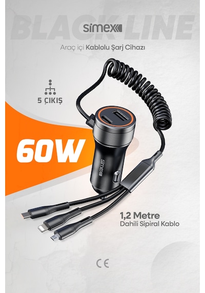 Black Line 60w Araç İçi Şarj Aleti, 5 Port, Spiral Kablolu, Type-c Micro Usb Lightning Uyumlu Siyah
