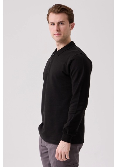 Galanthus Polo Sweat Uzun Kollu Pamuklu Sweatshirt İş Ve Günlük Kullanım İçin Siyah