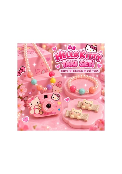 Hello Kitty Fotoğraf Makinesi Kolye Bileklik 2 Li Kedi Figürlü Çocuk Toka Takı Seti