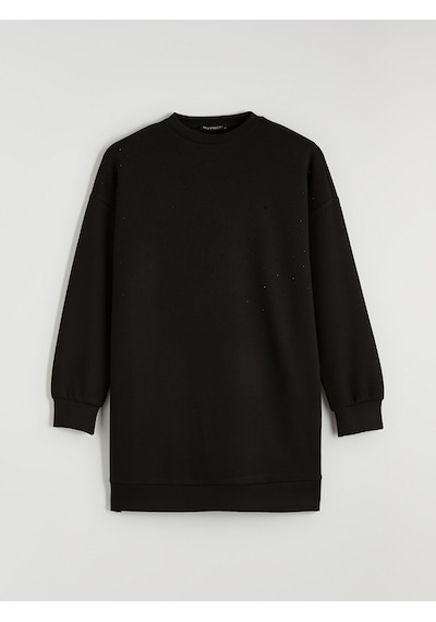 Lcw Modest Siyah Bisiklet Yaka Taşlı Kadın Sweatshirt Tunik