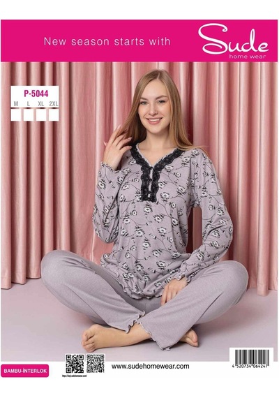 Sude Kadın Bambu İnterlok Uzun Kol Yakası Nakışlı V Yaka Pijama Takımı P5044 - 1 Adet 001