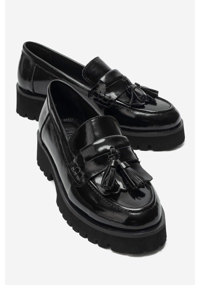 Luvi Shoes Poen Siyah Rugan Hakiki Deri Püsküllü Kadın Loafer Ayakkabı