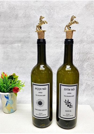 At Figürlü Mantar Tıpalı 2 Adet Yeşil 750 Ml Şişe Cam Yağlık Yağd