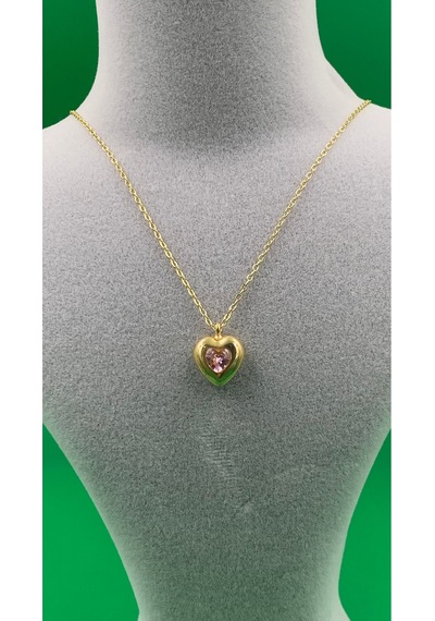 Kadın Gold Renk Zirkon Taşlı Kalpli Çelik Kolye Pembe