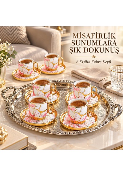 Valkyrie 12 Parça 6 Kişilik 80 Ml Türk Kahvesi Fincan Seti Pembe Mermer Desenli Gold Detay K653 Pembe